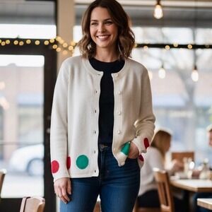 NWOT Vintage Casamia Cardigan Sweater, Long Sleeves, Polka Dots,‎ White, Large